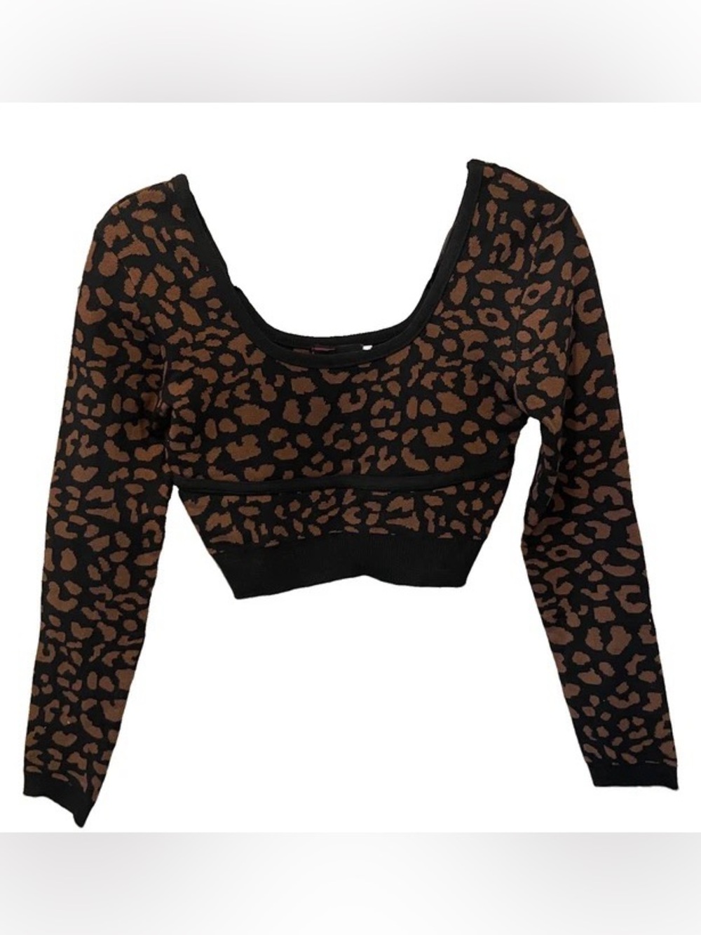 Biba Black and Brown Leopard-Print Long Sleeve Knit Crop Top